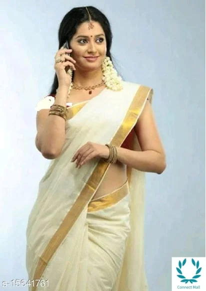 KERALA KASAVU TRADITIONAL PLAIN COTTON CREAM COLOR SAREE WITH BEST QUALITY 2 BY 3 INCHES ZARI IN PALLU Saree
